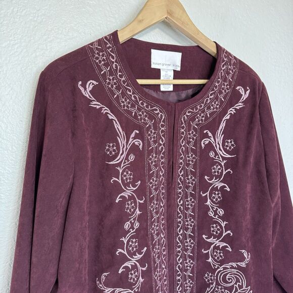 Susan Graver Blazer Women 1X Wine Embroidered Jacket Office Corporate WorK Party - Picture 2 of 10